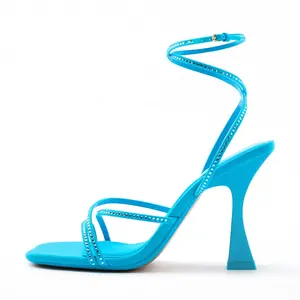 Fancy Blue Sandals Crystal Lace Up Heels Crisscross Strappy cinturino alla caviglia punta quadrata donna Ladies Party scarpe con tacco alto