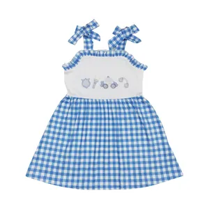 GSD0905 Police car embroidery Flashlight pattern dress for girl Blue and white check dress kids girl girls dresses 10-14 age