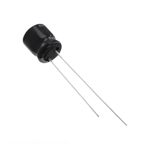 Condensateur USV1C101MFD1TA traversant, à capuchon, en aluminium, 100 µF, 20 %, 16 V, radial, TH 100 µF - Product Image 1