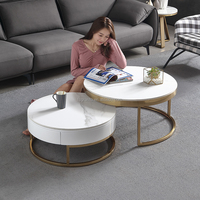 Ensemble de tables basses gigognes modernes de haute qualité en acier inoxydable pour salon, avec tiroir de rangement en bois, table centrale ronde pour le thé