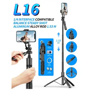 L16 1.53m uzun nihai siyah kutup 360 rotasyon telefon kamera Monopod Tripod kolu ile Selfie sopa