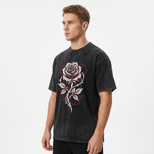 <b>Men's</b> Black Cotton <b>T</b>-<b>Shirt</b> With White Rose <b>Floral</b> Print O-Neck Short Sleeve Casual Regular Fit - Product Image 3
