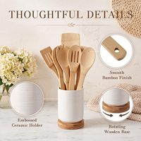 Ensemble de 8 ustensiles de cuisine en bambou avec support rotatif à 360 degrés en céramique, outils de cuisson en bambou, ustensiles de cuisine pour la cuisine à domicile
