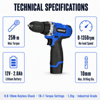HERZO Bor Mini Tanpa Kabel 12V Torsi Maksimum 25Nm 500W 2.0Ah Motor Lithium Brush Kecepatan Variabel Chuck Spline Industri 10mm