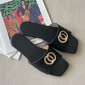 Designer Style Summer Women's Square Toe for Metal Double Buckle Strap <b>Slides</b> Casual Versatile Flat Beach Fashion Trend - Product Image 1