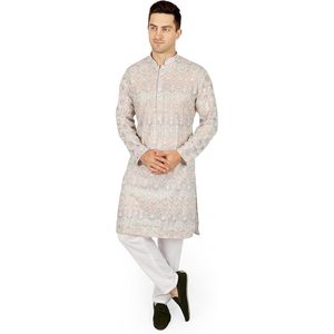 Triloki <b>Men</b> Ikkat <b>Kurta</b> Pajama Set Cotton Ethnic Indian Traditional Wear Diwali Occasion White 3XL - Product Image 1