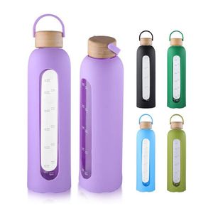 Chai Nước Thủy Tinh 32Oz Có Bút Đánh Dấu Thời Gian, Chai Nước Có Ống Bọc Silicon Và Nắp Tre, Chai Nước Thủy Tinh Tái Sử Dụng - Product Image 1