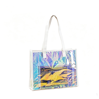 Sac fourre-tout transparent en PVC 33x27x12cm, matériau holographique irisé laser avec poignée renforcée, logo personnalisé pour cadeaux et vente au détail