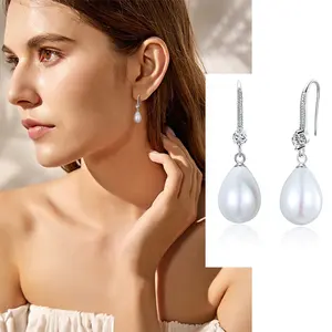 Großhandel CZ Sterling Silber Schmuck Teardrop Dangle Ohrringe Shell Pearl Hook Ohrringe für Frauen