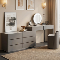 Ensemble de coiffeuse moderne minimaliste en bois massif réglable pour appartement, avec miroir éclairé à rabat et tabouret de rangement, table de maquillage 2-en-1