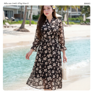 Robe midi à imprimé floral pour femmes, col en V, manches à volants, coupe évasée, robe d'été décontractée, tissu tissé respirant - Product Image 5