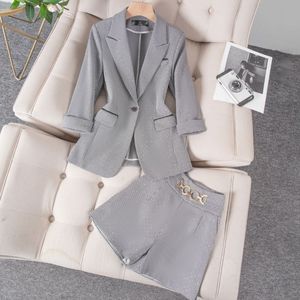 Women's Houndstooth Suit Set Three Quarter Sleeve Spring Casual Anti-Wrinkle Polyester Fabric Two Piece Pants And Shorts - Product Image 1