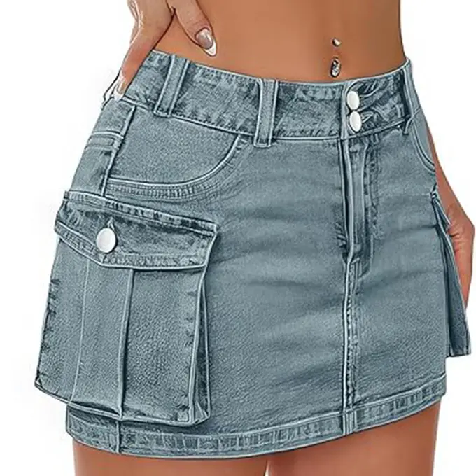 Düşük bel kargo etek düğmesi Mini kargo Denim etek ile cep Mini etek kadınlar için