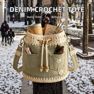 Bolso de hombro cruzado de mezclilla con cordón y bordado de margaritas para compras diarias y viajes - Product Image 2