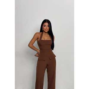 Conjunto de Traje de Pantalón Marrón para Mujer con Detalle de Bolsillo - Product Image 1