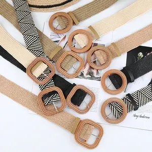 Beach Style Lady Elastic PP Grass Straw Woven Belt with Round Square Plastic Buckle