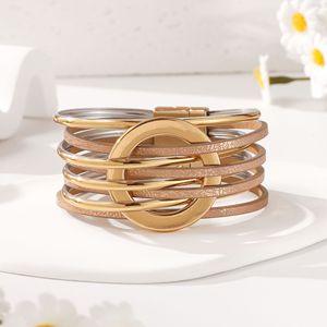 Hot Selling Bohemian Geometric Metal Multi Layer Leather Interwoven Bracelet Magnetic Clasp Wristband Gift for Women