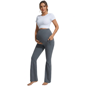 High Waist <b>Maternity</b> Yoga Leggings Solid Color Flared Leg With Pockets Tummy Control <b>Shapewear</b> Elastic Waist Full Length - Product Image 1