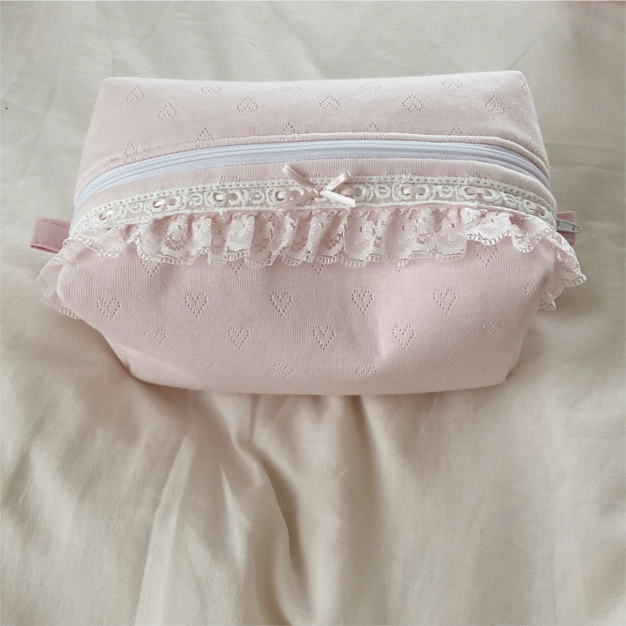 New Pointelle Pink Cosmetic Bag with Embroidery & Lace Trim 