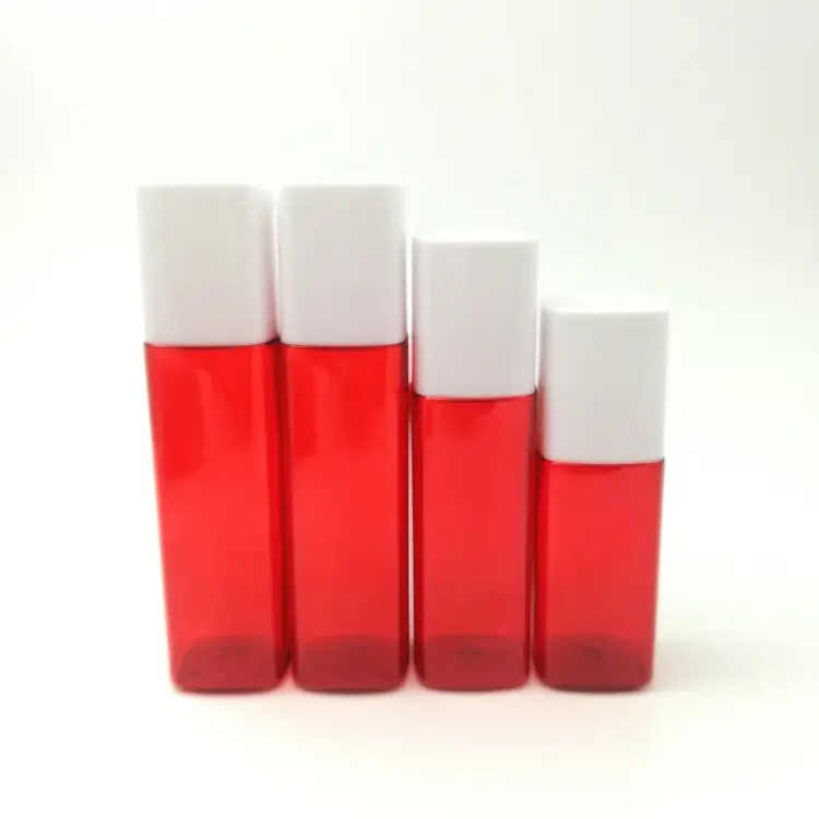 Oem Oem Custom 100Ml 150Ml Hervulbare Waterfles Verpakking Huisdier Vierkante Vorm Flessen Rode Cosmetische Parfum Sproeier Containers