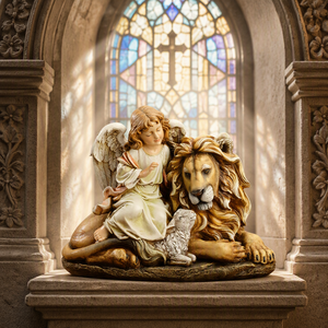 Statuetta <span class=keywords><strong>in</strong></span> Resina di Angelo Seduto con Leone e Agnello, 29 cm - Product Image 4