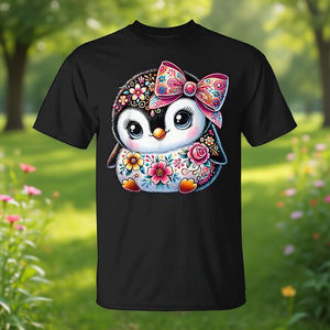 Linda camiseta con estampado floral de pingüino para niñas con diseño de lazo - Product Image 3