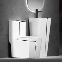 Ensemble WC moderne en céramique noir et or, cuvette de toilettes monobloc carrée et lavabo de salle de bain au sol