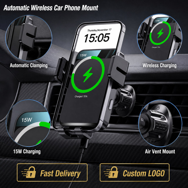 Universal Car Accessories Wireless Phone Charger Holder, Auto Clamp CD Vent Mount, Eco Friendly Recycled, Fast Charging
