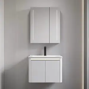 24 30 pulgadas espejo pequeño Gabinete flotante montado en la pared tocador de baño con fregadero de aluminio gris claro