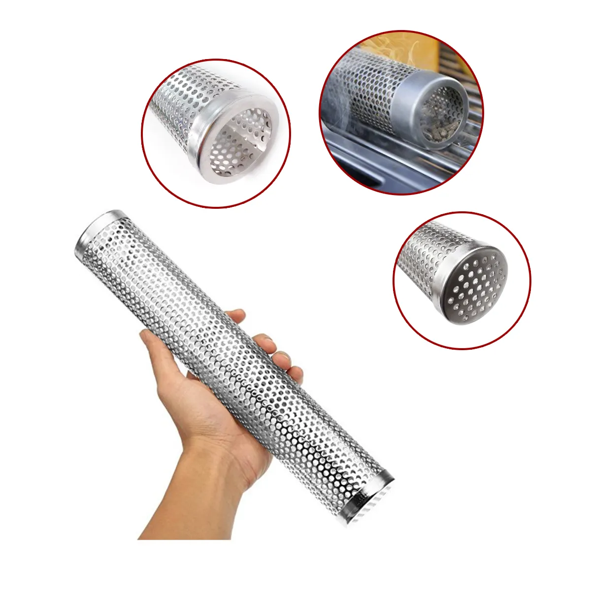 12 inch BBQ Accessories 304SS Perforated Mesh Smoker Tube Filter, Pellet Smoker Box for Gas or Charcoal BBQ Grill