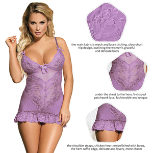 Stickerei Mesh Lace Nachtwäsche Babydoll Nachtwäsche Lila Dessous Frauen Plus Size Fat Girl 2 Stück Dessous 6xl 4xl 5xl Dünn - Product Image 6