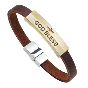 Pulsera de Cuero Genuino con Hebilla Magnética de Aleación, Grabado 'Dios te Bendiga', Joyería Unisex, Diseño Retro de Cruz - Product Image 1