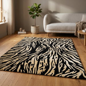 Modern Animal Print Plush Area <b>Rug</b> Rectangle Non-Slip Latex Backing <b>Rug</b> <b>Black</b> and Cream Tufted Design - Product Image 3