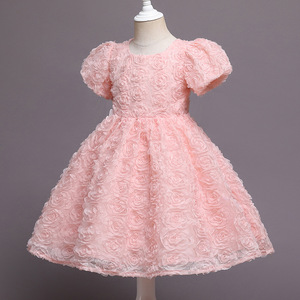 Robe de princesse pour filles, rose, broderie 3D de roses, tulle, coupe trapèze, col rond, costume d'anniversaire pour demoiselle d'honneur - Product Image 2