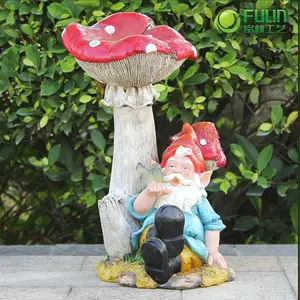 15.2"H resin garden gnome statue mushroom statue with solar light novelty dwarf sculpture for home garden decoration