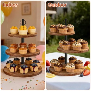 Bandeja de postres de madera de varios niveles, soporte redondo de 3 niveles para cupcakes, expositor para fiestas y bodas, color marrón oscuro - Product Image 1