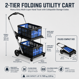 <b>Double</b>-Layer Plastic Shopping Cart With Blue <b>Bins</b> Four-Wheel Movable Trolley - Product Image 4