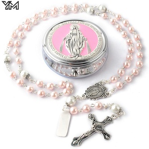 Collana Rosario con Croce della Madonna in Vetro Imitazione Perla, Fatta a Mano, per Battesimo, con Scatola - Product Image 2