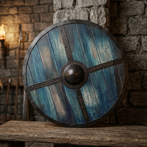 Décoration murale artisanale en forme d'épée viking ronde, en bois peint antique avec des planches bleues et une croix en métal noir - Product Image 2