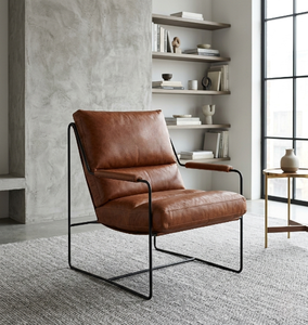 Fauteuil lounge en cuir, chaise de salon luxueuse et confortable, structure en métal, chaise de salle à manger en cuir beige - Product Image 1