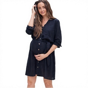 Vestido Casual de Maternidad con Cuello en V, Manga Tres Cuartos, Botones al Frente, Corte Holgado, Color Sólido, Lino y Algodón, Largo Mini, Diseño Cruzado con Lazo - Product Image 2