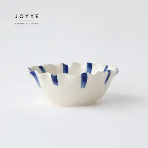 Joyye cuenco de cerámica personalizado de 8 pulgadas y 6 pulgadas con forma de flor orgánica, cuencos para sopa de fideos, cuenco de cereales para cena azul y blanco pintado a mano