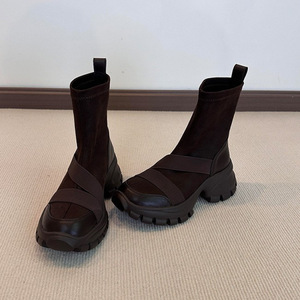 Bottines athlétiques rétro en cuir de vachette avec patchwork, plateforme de 7 cm, talon compensé invisible, bottes chaussettes extensibles amincissantes pour petites silhouettes - Product Image 3