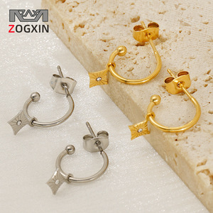 ZOGXIN <b>Hoop</b> Earrings Gold And <b>Silver</b> Stainless Steel Star Pattern Bezel Setting Everyday Wear - Product Image 1