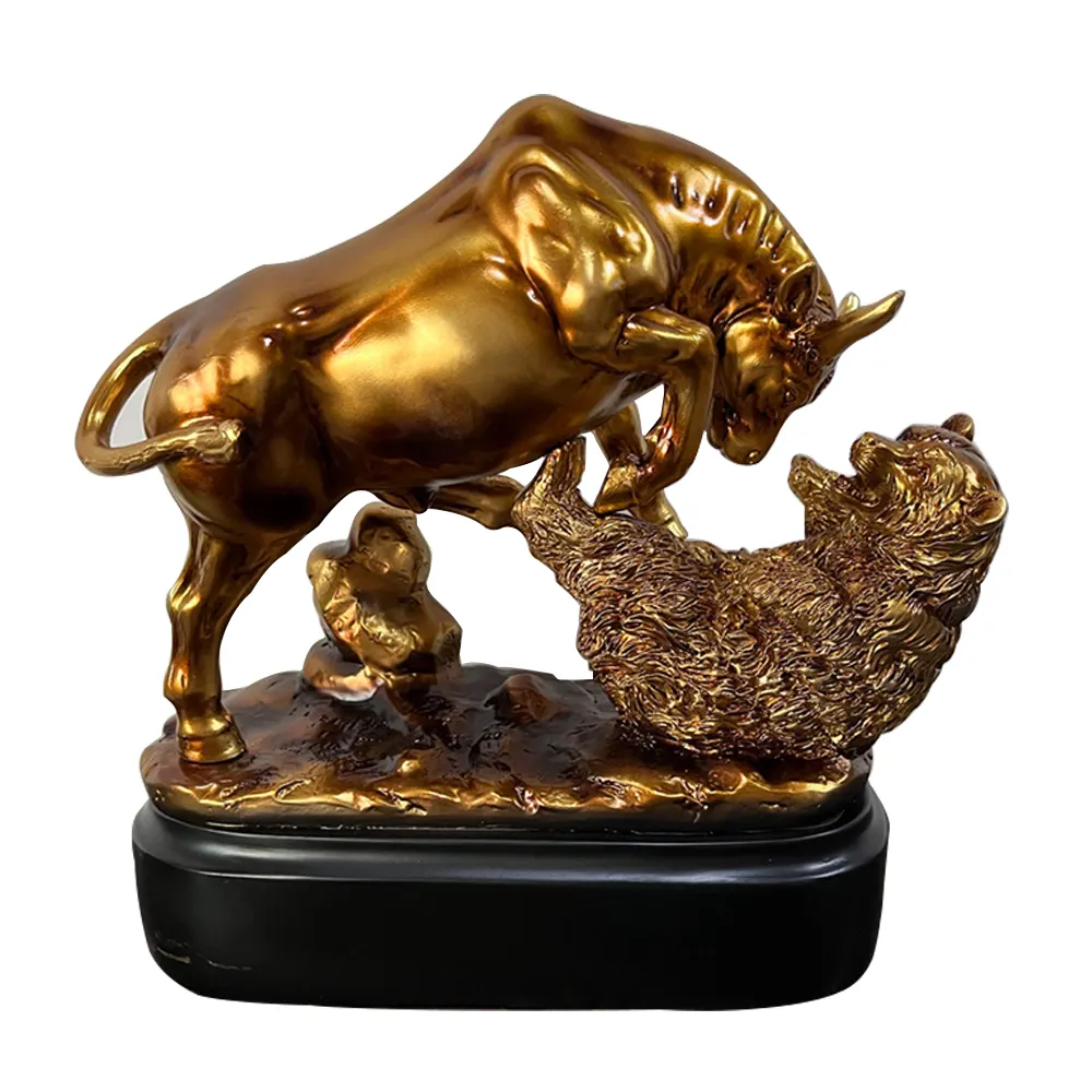 Wall Street Stock Market Carga Toro Trouncing Oso Estatua con Pedestal Base Bronce Electrochapado Resina Toro Oso Escultura