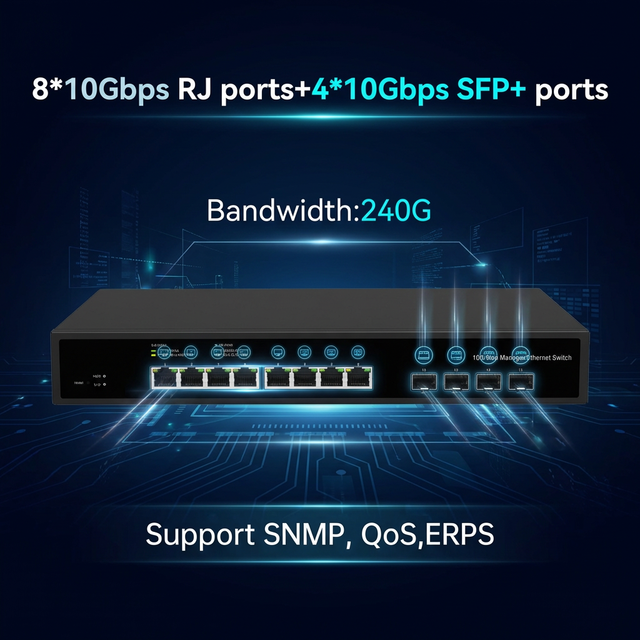 12 Ports 10G Switch 4*10G SFP+ 8x10G Ethernet Ports MDI MDIX Managed Commercial Switch for Gaming