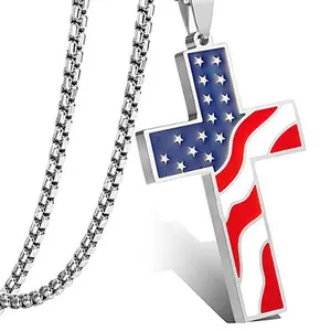 drapeau américain croix Suppliers-Collier avec pendentif croisé drapeau américain pour hommes, bijoux en acier inoxydable (KSS321), vente en gros