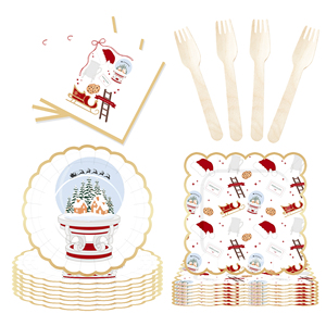 DAMAI Customized Christmas Party Tableware <b>Set</b> with Red Hat House Crystal Balls Patters Disposable Paper Plates Cups Napkins - Product Image 3