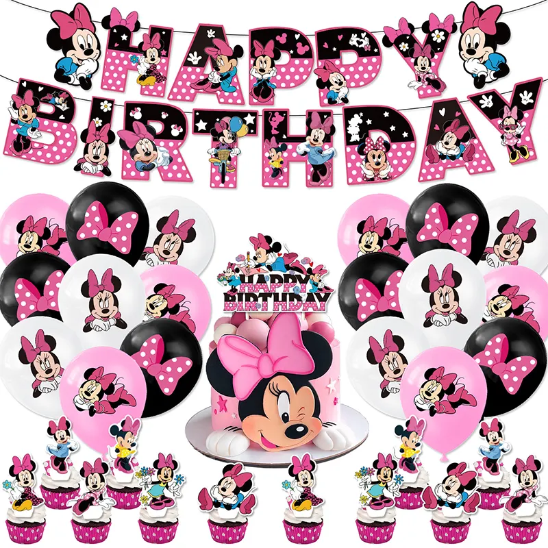 Nueva llegada dibujos animados Minnie tema cumpleaños fiesta decoración conjuntos pastel Topper Banner látex globo niños fiesta decoración suministros