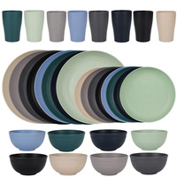 Ensemble de vaisselle en paille de blé réutilisable de 32 pièces avec logo personnalisé en gros, assiettes rondes incassables, compatibles lave-vaisselle et micro-ondes
